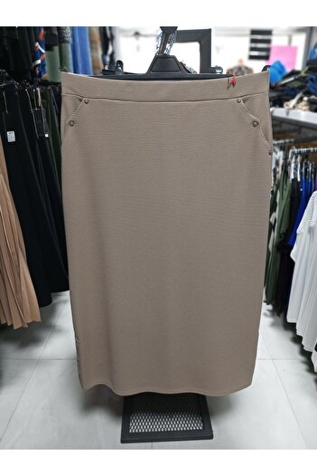 AKŞEN GİYİM Large Size Ankle Length Ottoman Fabric Pencil Skirt with Side and Pockets with Staple Detail