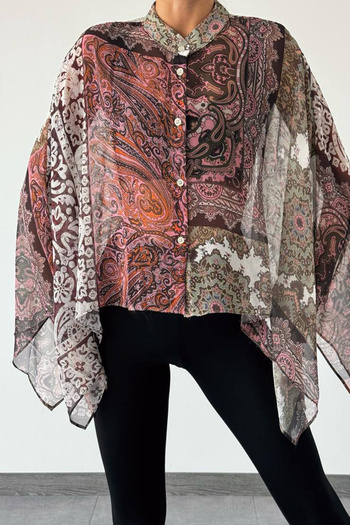 Ortaya Çık Ethnic Patterned Bat Sleeve Tulle Shirt