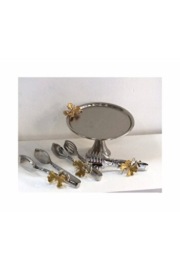 Elzem Decorative 2 Different Model Silver Cake Stands and 3-Piece Tongs Set with Butterfly