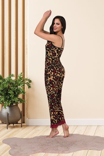 MyBen Leopard Patterned Cotton Lycra Brown Strap Claret Red Lace Detailed Pajama Set 28449