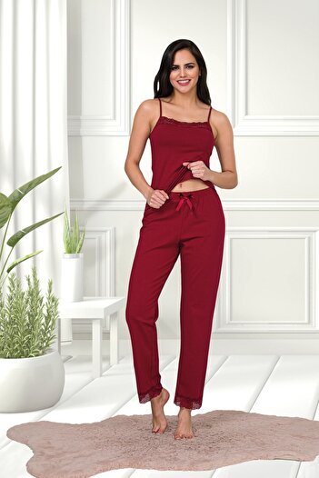 MyBen Burgundy Colored Cotton Lycra Strap Lace Detailed Pajama Set 28450