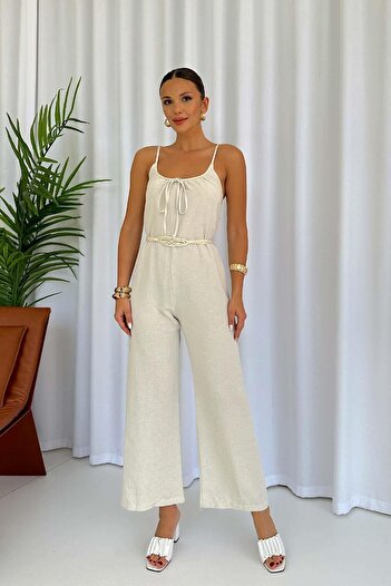 Mine Tan Butik Linen Jumpsuit - Sleeveless and Belt Detail