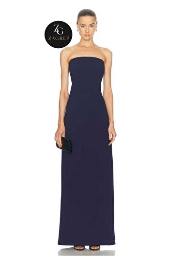 Zagrep Navy Blue Strapless Maxi Dress - Double Layer Lined with Slit and Zagrep Detail