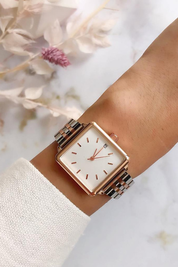 OQQO Fully Rose Case Rose Gold Silver Square Women's Wristwatch