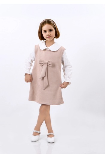 Kamex Beige Suede Bow Shirt Collar T-Shirt