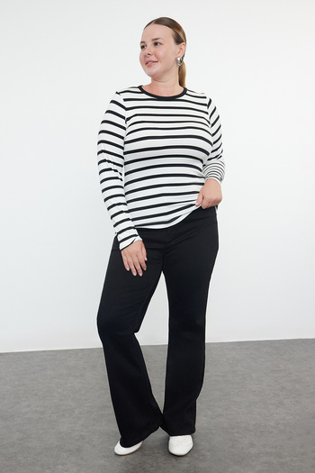 Trendyol Curve Premium Viscous Fabric - Flexible, Soft Black Navy Blue Striped Block Size Blouse