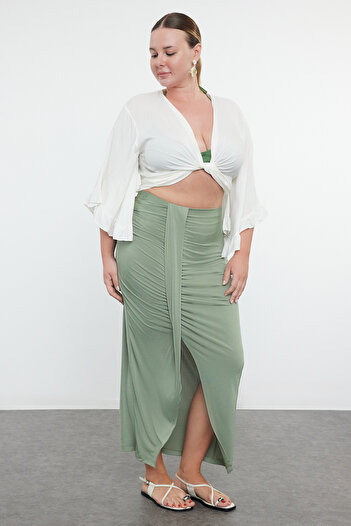 Trendyol Curve Khaki Maxi Sandy Knitted Beach Skirt - Slit Detailed TBBSS24AZ00065