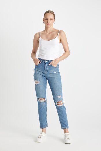 DeFacto High Waist Ripped Detail Jeans - Lina Lina Mom Fit Ankle Length Pants C2383AX24HS
