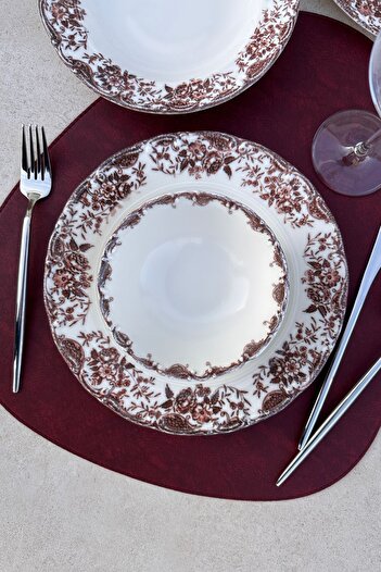 porselenden Vintage Rose 24 Parça 6 Kişilik Premium Porselen Yemek Takımı Bordo