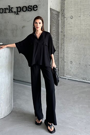 trendalisse Women's Black Bat sleeve Wrinkled bottom top Palazzo Set