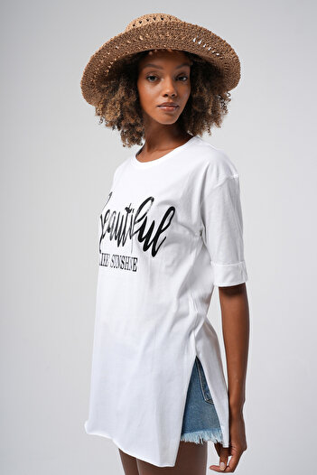 Hopoi White Tunic - Beautiful Like Sunshine Printed and Side Slit
