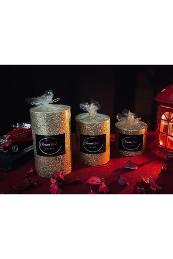 Dream Red 3'lü Süper Set Altın Simli Mum Çap 7cm Boy 6cm-9cm-12cm