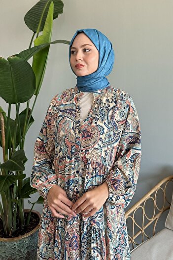 InStyle Μπλε φόρεμα βισκόζης - Μπαλόνι μανίκι και σχέδιο σάλι