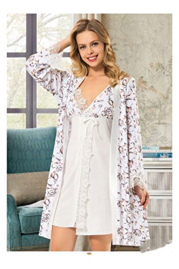 Angels Story Combed Cotton Lace Detailed Digital Print Patterned Nightgown Set Ecru 9530