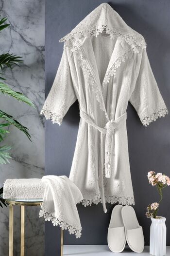 Güvenal Liya 8-Piece Boxed - Lace Bathrobe and Towel Set, Dowry Home Textile