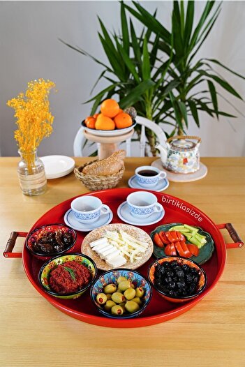 kitchen trend 51 Cm Red 37 Cm White 2 Piece Metal Round Tray Presentation Tray Tea Coffee Tray