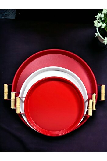 kitchen trend 3 Pieces 45,37,30 Cm Metal Tray with Wooden Handle Presentation Tray Set