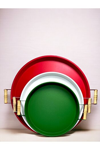 kitchen trend 3 Piece 45red, 37white, 30green Metal Tray with Wooden Handles Tea Tray Presentation Tray Set