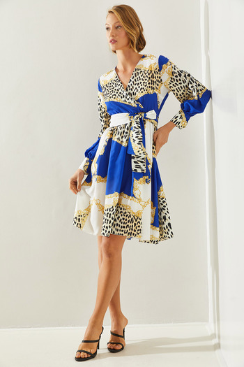 Bianco Lucci Patterned Double Breasted Collar Women's Dress - Belted, Model 181076 60251608