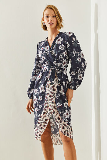 Bianco Lucci Floral Pattern Asymmetrical Cut - Διπλό Φόρεμα Ζώνης γιακά 22181 60251627