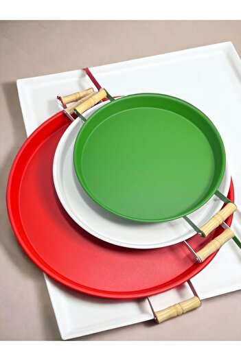 kitchen trend 3 Piece 45red, 37white, 30green Metal Tray with Wooden Handles Tea Tray Presentation Tray Set