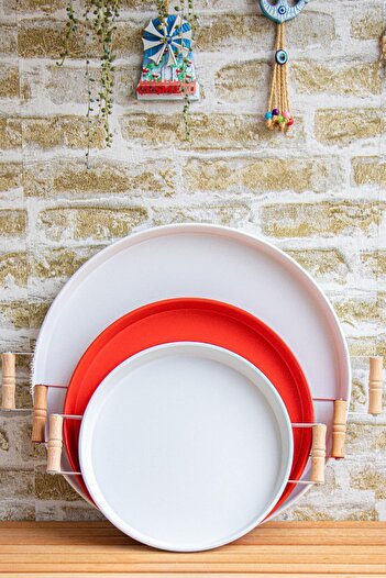 kitchen trend 3 Piece 45white, 37red, 30white Metal Tray with Wooden Handles Presentation Tray Set