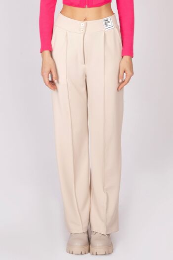 FLAST Women's Beige High Waist Stitching Front Striped Wide Leg Premium Regular Palazzo Trousers