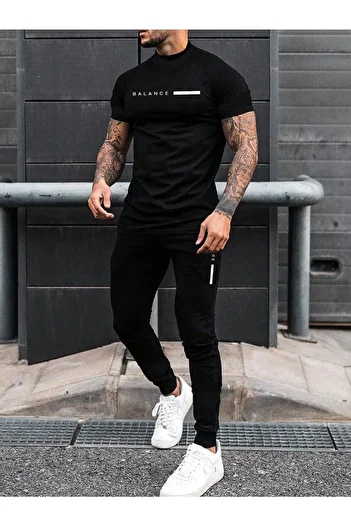 MODARİCH Balance Striped Sweatpants T-Shirt - Black Jogger T-Shirt Bottom Top Tracksuit Set Crew Neck