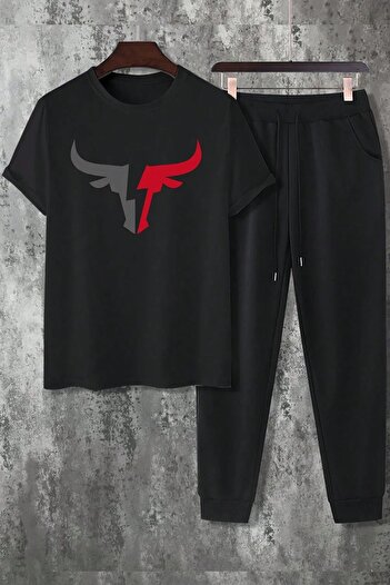 MODARİCH Σετ μπλουζάκι και φούτερ Jogger Black Bull Head - Oversize Crew Neck