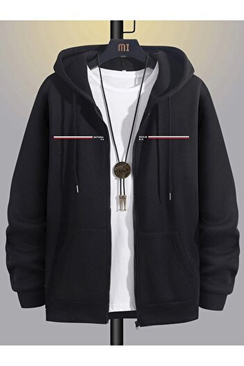 MODARİCH Natural Realm Paris Cardigan - Black Printed Winter Oversize Hooded Cardigan with Zipper Pocket Detail