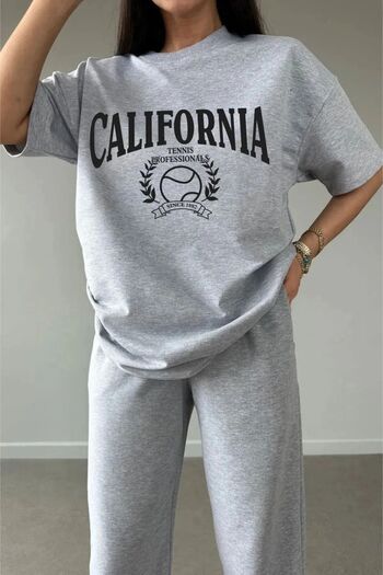 Mythologie California Tennis T-shirt Sweatpants Jogger - Gray Printed Tracksuit Set Oversize Crew Neck