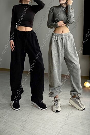 Mythologie 2-Piece Plain Basic Sweatpants Jogger - Black Gray Elastic Leg High Waist