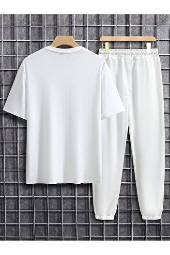 Mythologie Los Angeles Loco - White Oversize Jogger T-Shirt and Sweatpants Set with Crew Neck
