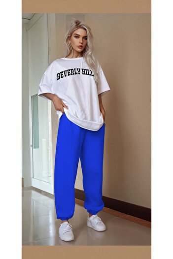 Mythologie Beverly Hills Oversize Jogger T-shirt and Sweatpants Set - Crew Neck, White and Blue