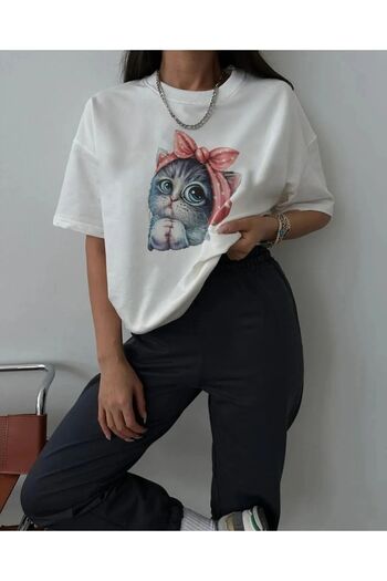 Mythologie Cat T-shirt Sweatpants Jogger - White Black Printed Tracksuit Set Oversize Crew Neck