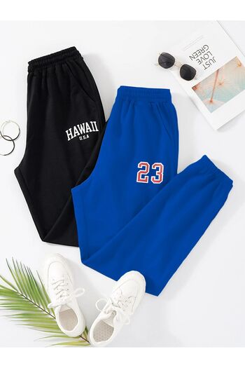 Mythologie 2-Piece Printed Jogger Sweatpants - Black and Sax Blue Elastic Cuffs High Waist