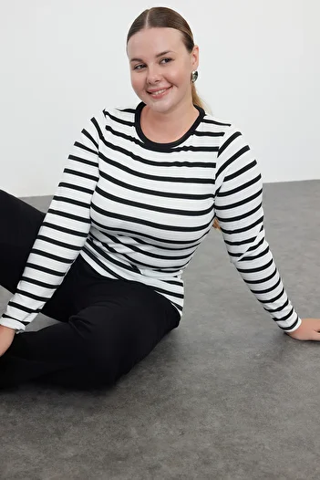 Trendyol Curve Premium Viscous Fabric - Flexible, Soft Black Navy Blue Striped Block Size Blouse