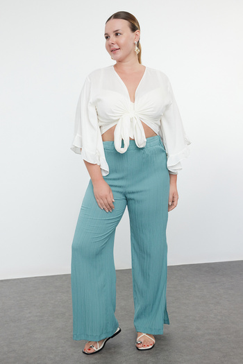 Trendyol Curve High Waist Blue Wrap Beach Pants - Slit Detail, Wide Leg TBBSS23AR00012
