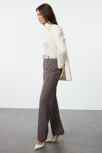 Trendyol Collection High Waist Anthracite Straight Cut Trousers with Ribbed Detail - TWOSS21PL0093