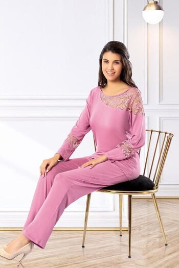 FAAL 8617 Women's Long Sleeve Lace Detailed Pajama Set-Dried Rose