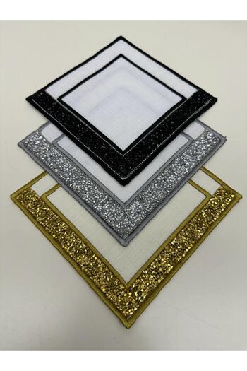 İNCİ ÇEYİZ 3 Pieces of Linen Fabric Crystal Stoned Embroidered Coffee Side Cocktail Napkin & Coasters