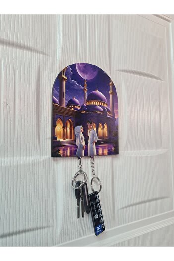 karbonsoft Figured Wooden Keychain and Hanger for Women and Men - Mosque and Headcover