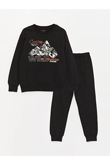 LC Waikiki LCW Kids Bisiklet Yaka Baskılı Uzun Kollu Erkek Çocuk Pijama Takımı