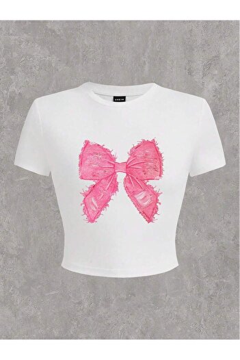 Bengi Clothing White Printed Women's Crop Top - Y2k Short Sleeve Blouse