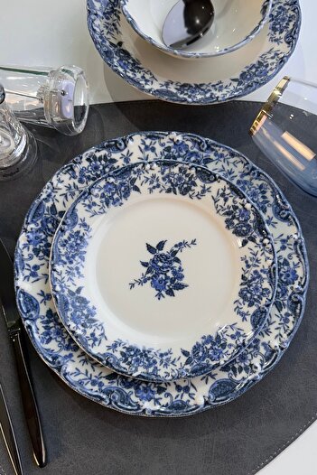 porselenden Vintage Blue 24 Parça 6 Kişilik Premium Porselen Yemek Takımı Mavi Çiçekli