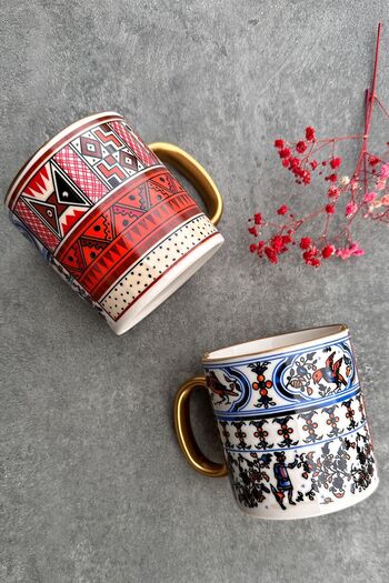 porselenden Two Patterned, Double Pattern Nora Series 2-Person Porcelain Red Antique Patterned Mug Set