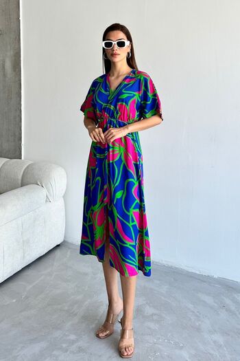 trendalisse Rochie de vară, albastră, cu decolteu în V, lungă în față, din viscoză