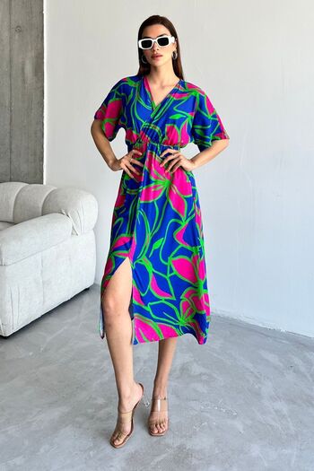 trendalisse Rochie de vară, albastră, cu decolteu în V, lungă în față, din viscoză