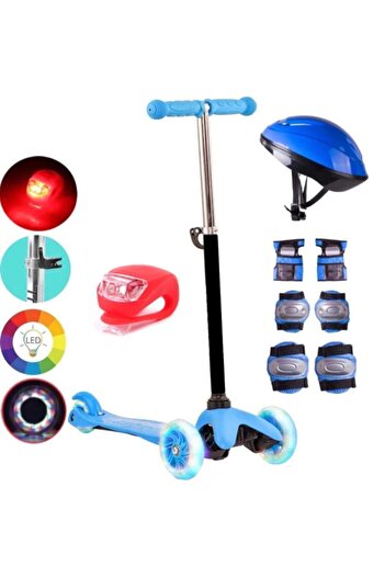 Depomiks Avm 3 Tekerlekli Frenli Led Işıklı Boy Ayarlı Mavi Scooter Kask Dizlik Set Çakar Işık Led