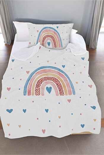 CAPRİCE HALI Rainbow Heart Patterned Single Pique (with Pillowcase)
